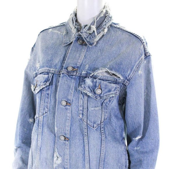 Moussy Vintage Distressed Denim Jacket SZ 1 MSRP $550 - Picture 1 of 7